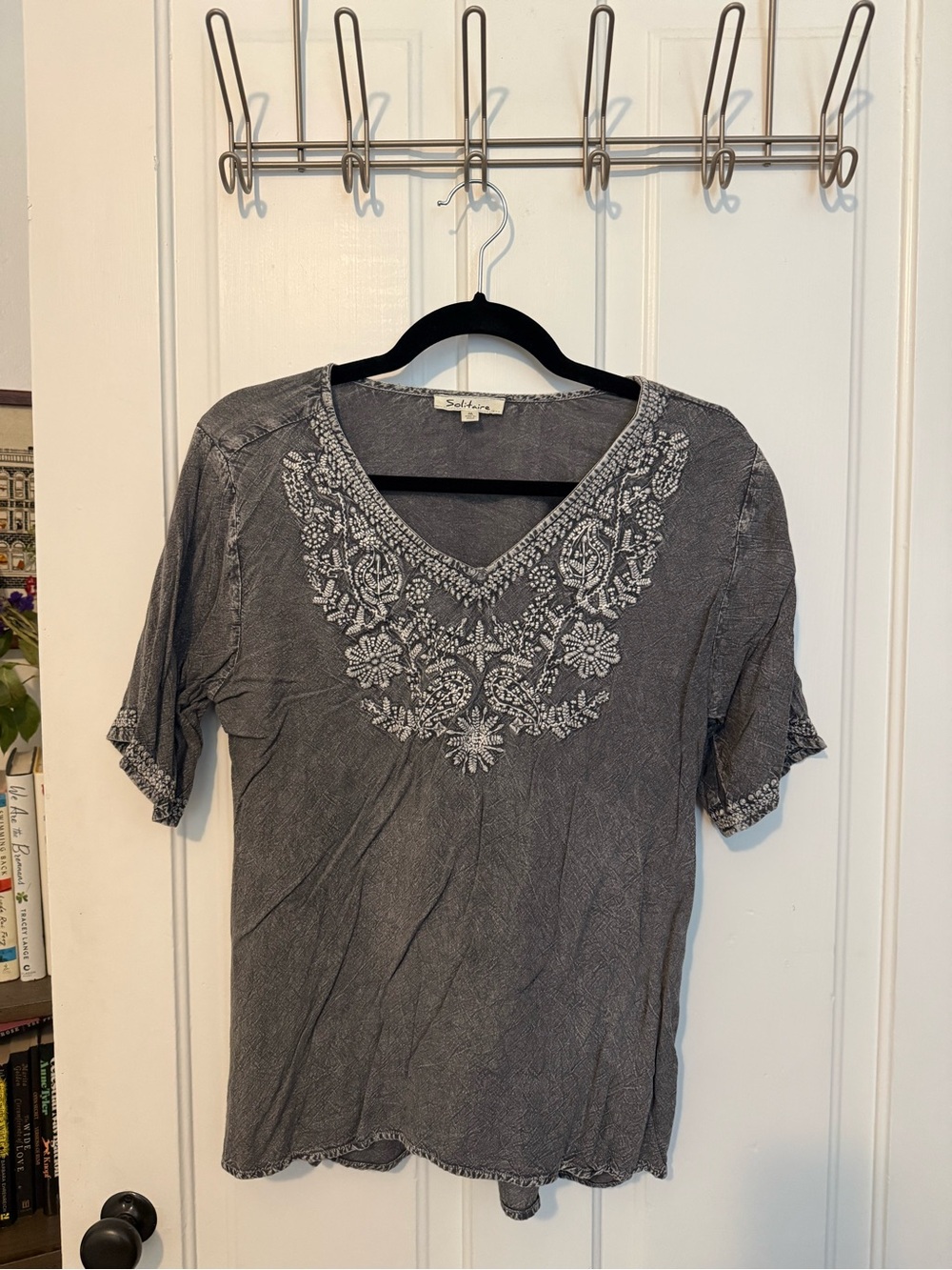 Solitaire Gray Embroidered V-Neck Women's Top